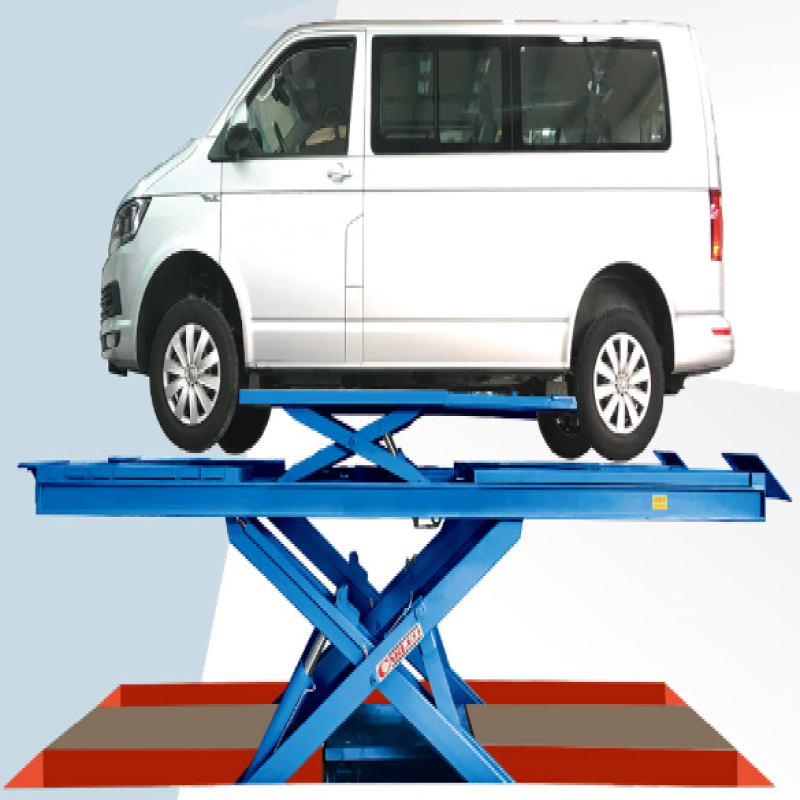 Cầu nâng cắt kéo kiểm tra góc đặt bánh xe tải trọng 5.5 tấn, lắp chìm, có bàn nâng phụ, bao gồm đĩa lái (3 pha, màu xanh RAL5002)